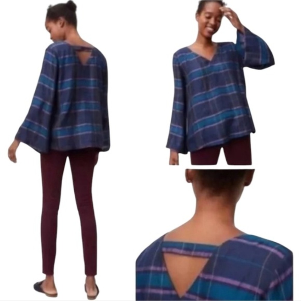 LOFT Womens Plaid V-Neck Bell Sleeve Cutout Back Blouse Navy Teal Purple Size S